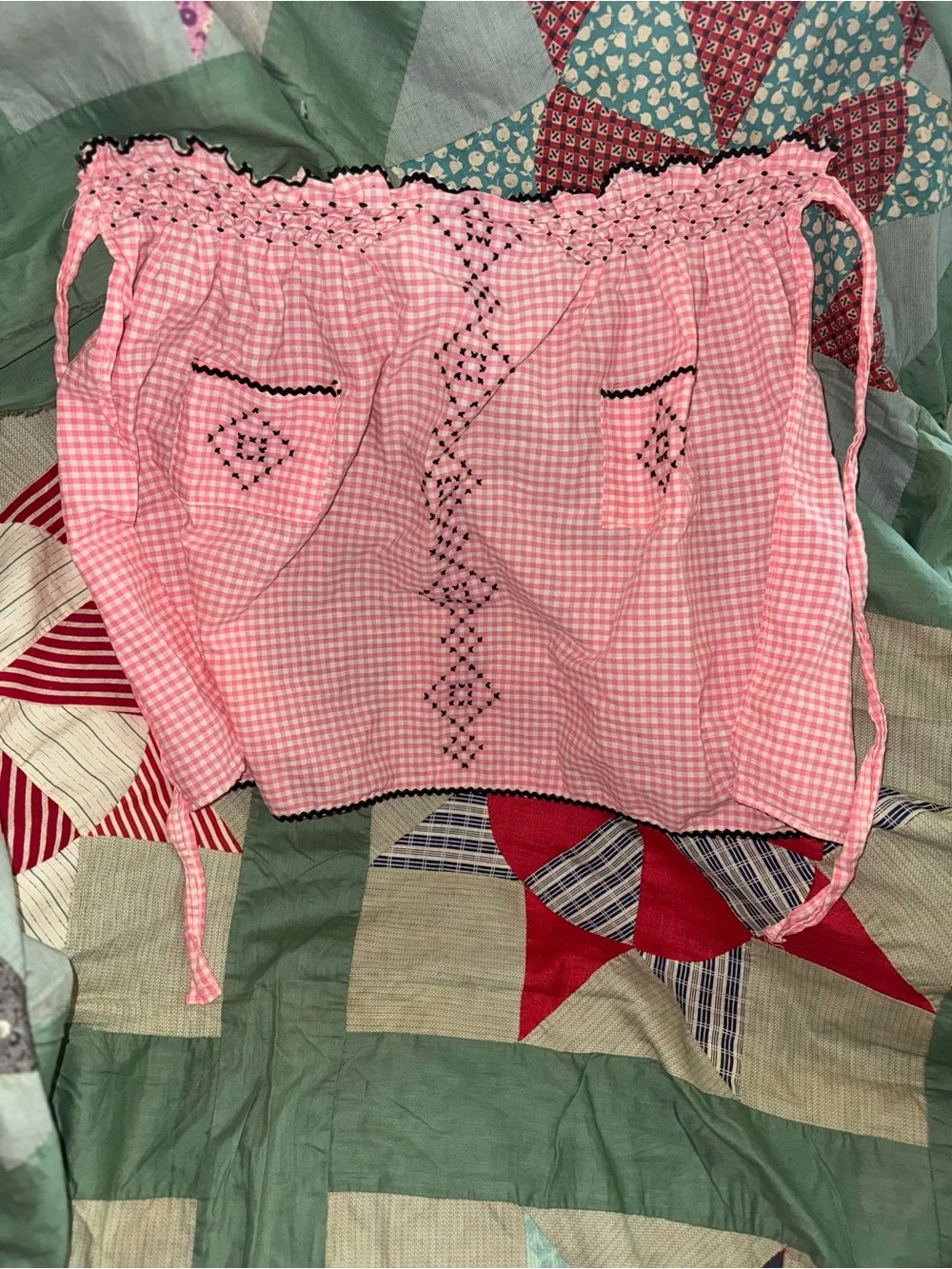 Vintage handmade Pink Gingham Smocked Half Apron with Embroidery